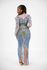 Long sleeve multi color embellish pearl detail party dress