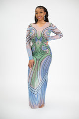 Long sleeve multi color embellish pearl detail party dress